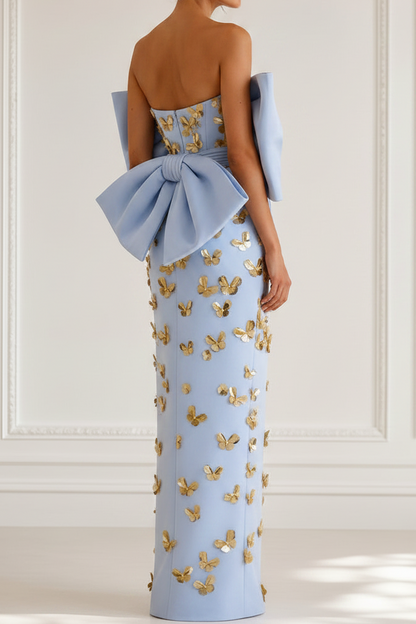Strapless Column Gown with Oversized Bow and Gold Florals