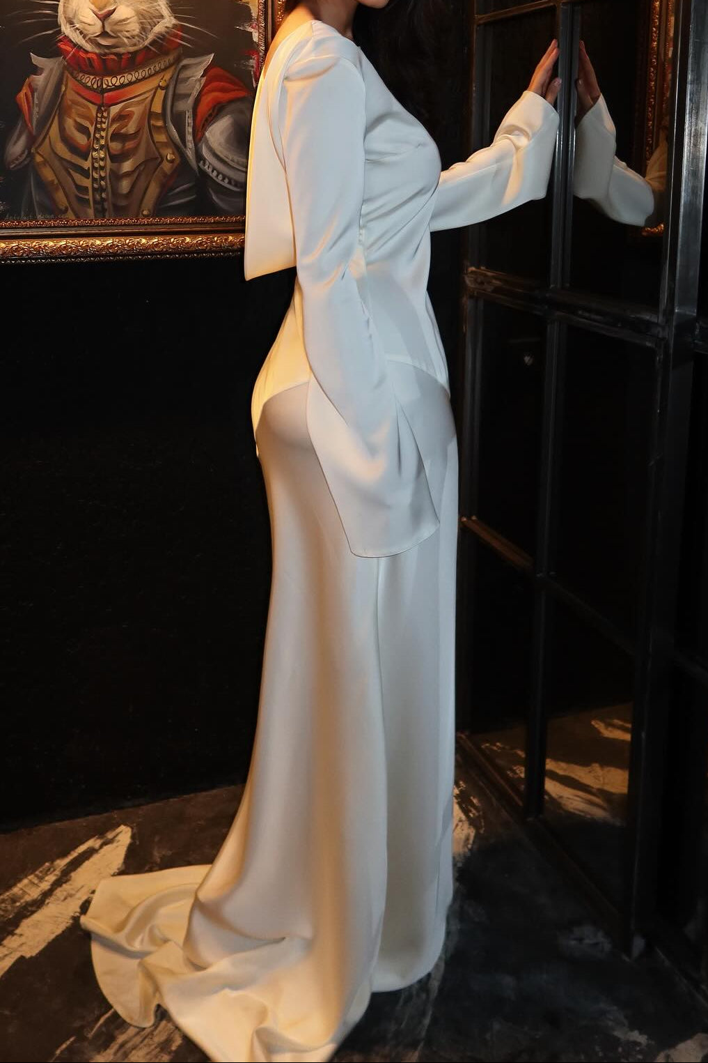 Minimalist Long Sleeve Satin Gown with Cowl Back