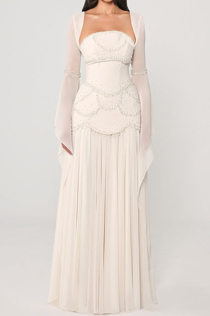 Beaded Drop-Waist Gown with Draped Sleeves