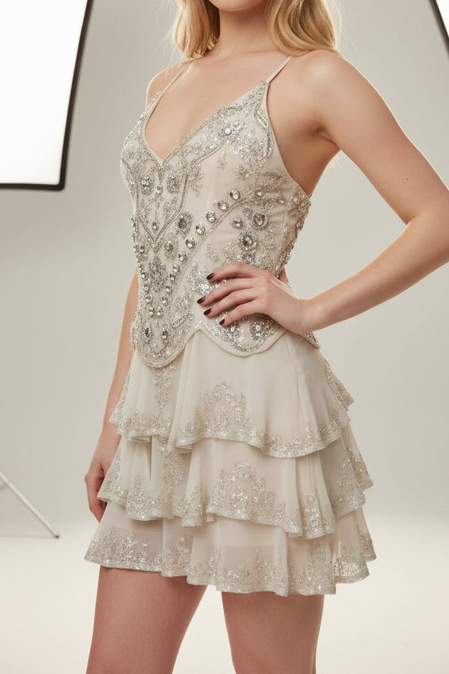 Beaded Tiered Ruffle Mini Dress with Spaghetti Straps