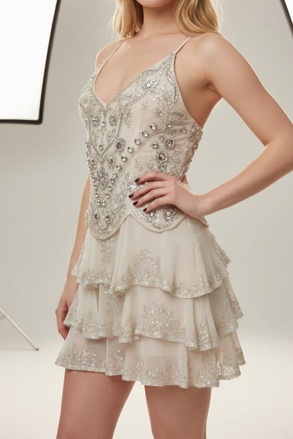 Beaded Tiered Ruffle Mini Dress with Spaghetti Straps