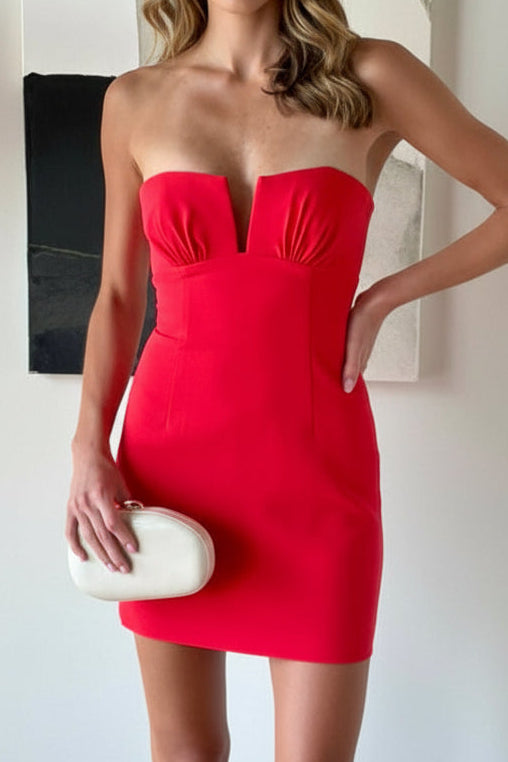 Strapless Notched Bustier Crepe Mini Dress