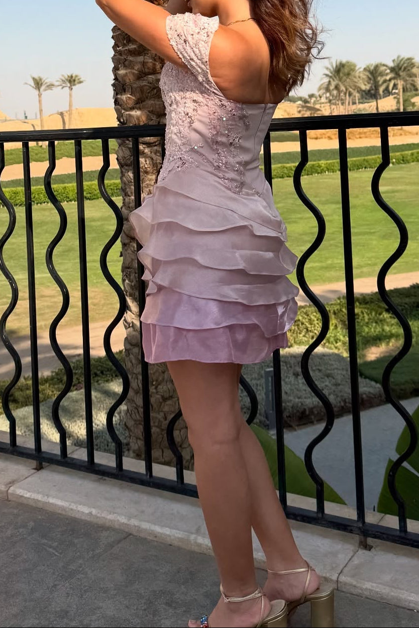 Asymmetrical Off-Shoulder Tiered Organza Mini Dress