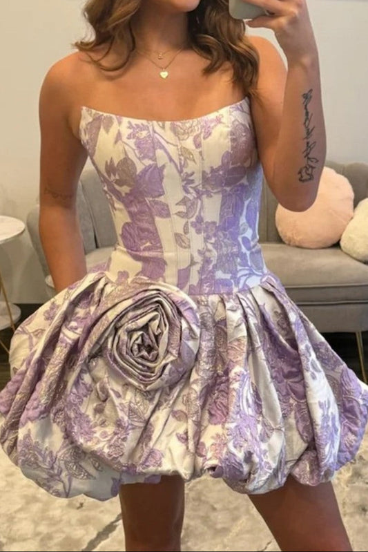 Strapless Corset Bubble Skirt Mini Dress with 3D Rose
