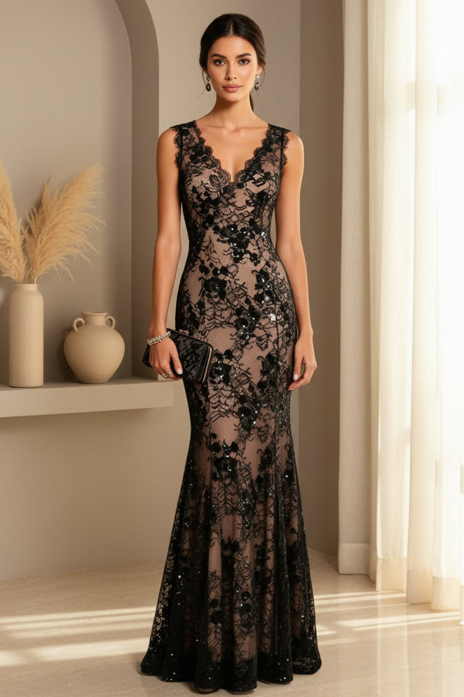 Sequin Floral Lace Sleeveless V-Neck Trumpet Gown