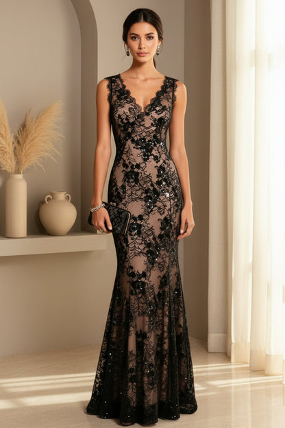 Sequin Floral Lace Sleeveless V-Neck Trumpet Gown