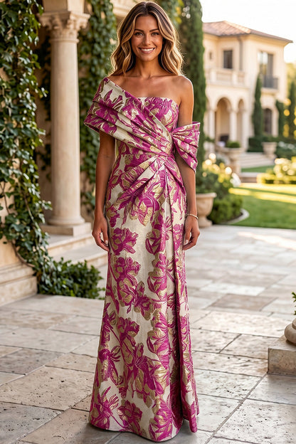 Asymmetric Floral Jacquard Column Gown
