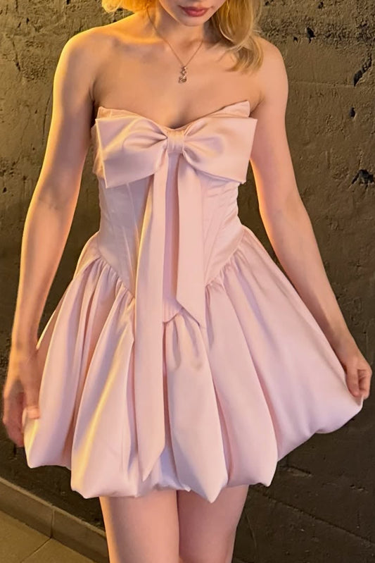 Strapless Corset Satin Mini Dress with Front Bow