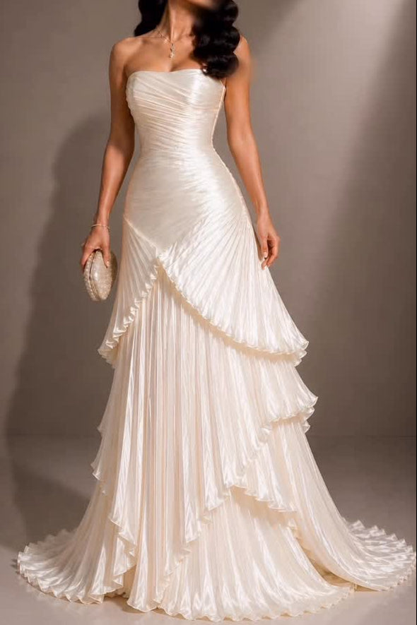 Strapless Tiered Pleated A-Line Wedding Dress