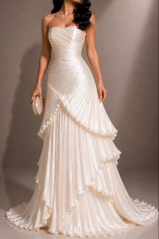 Strapless Tiered Pleated A-Line Wedding Dress
