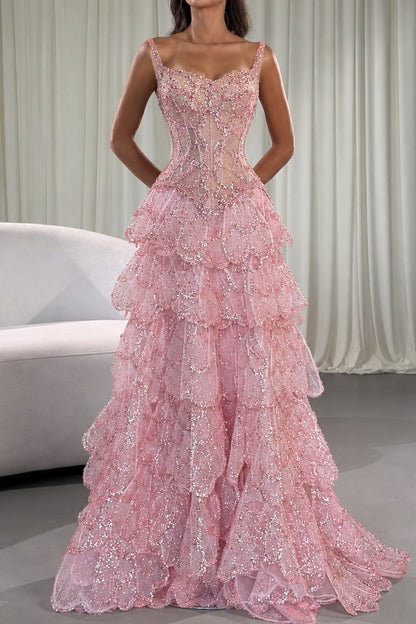 Beaded Corset Tiered Sequin Evening Gown