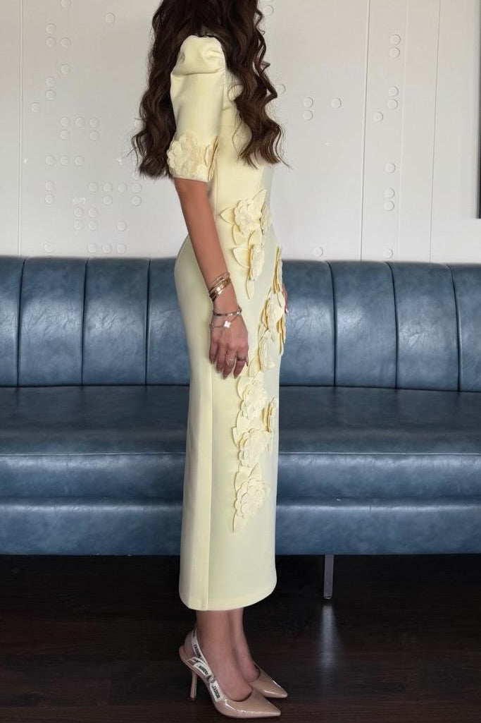 High-Neck Midi Dress with 3D Floral Appliques