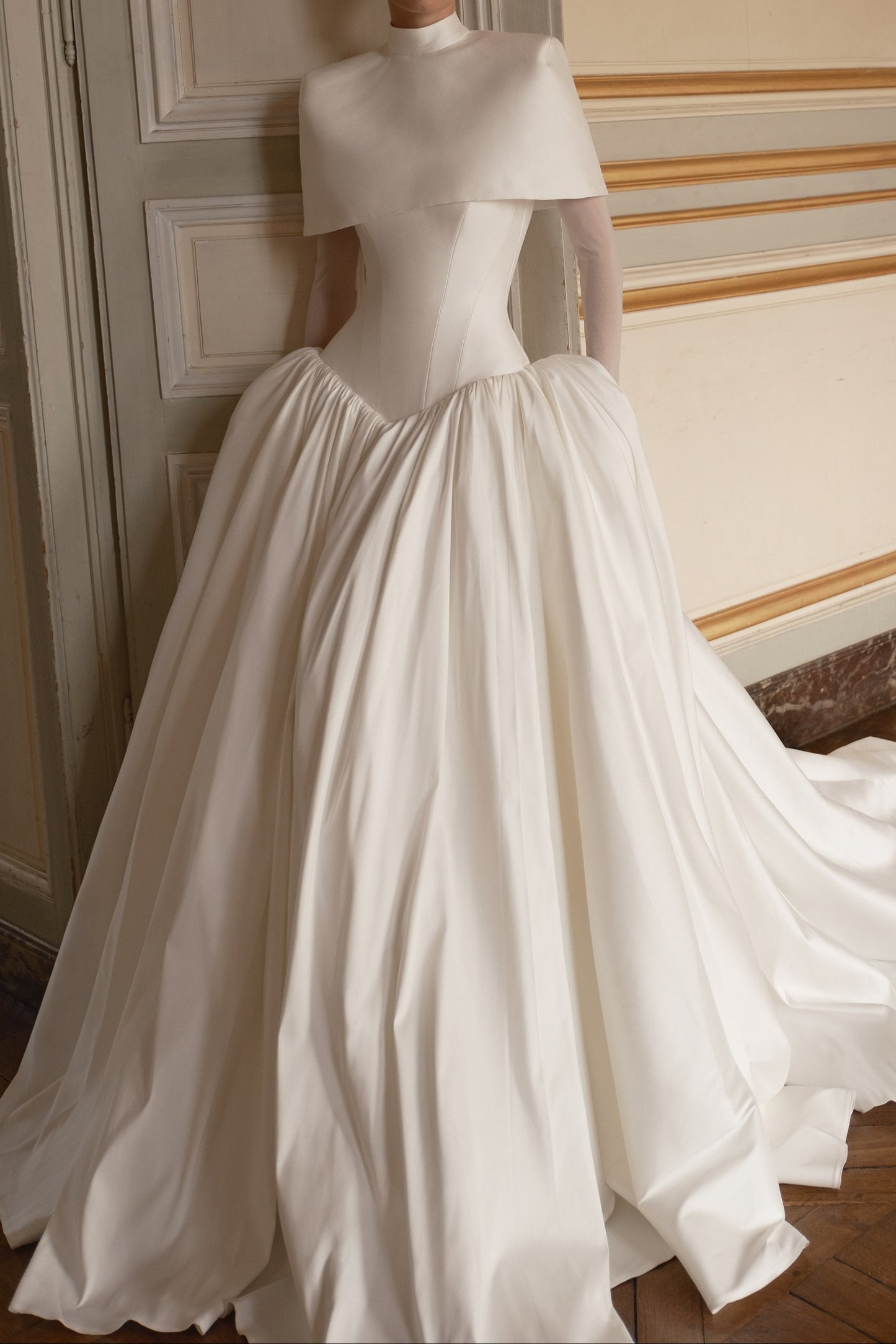 High-Neck Cape Corset Ball Gown Wedding Dress