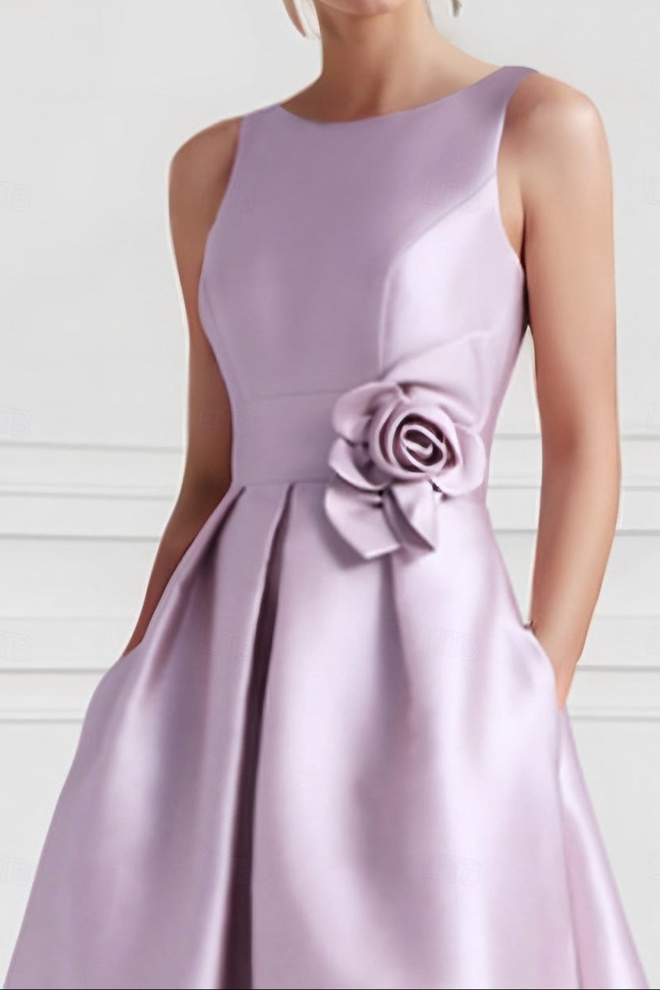 High-Low Satin Gown with Pockets and Waist Flower Detail