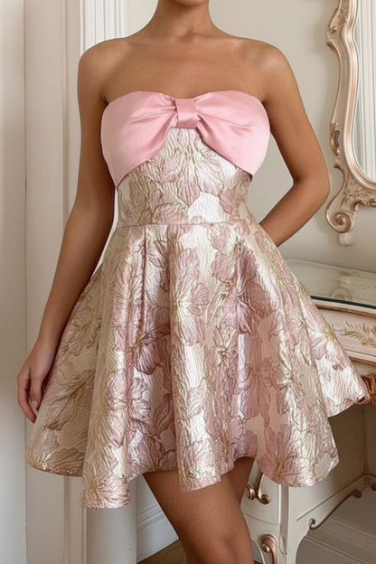 Strapless Jacquard Mini Dress with Bow Bust