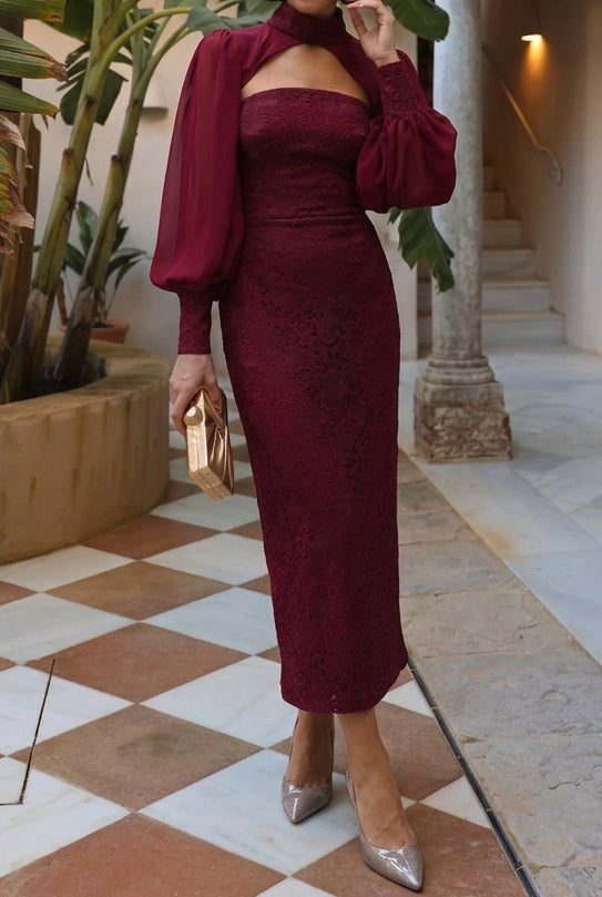 High Neck Cut-Out Midi Dress with Chiffon Sleeves