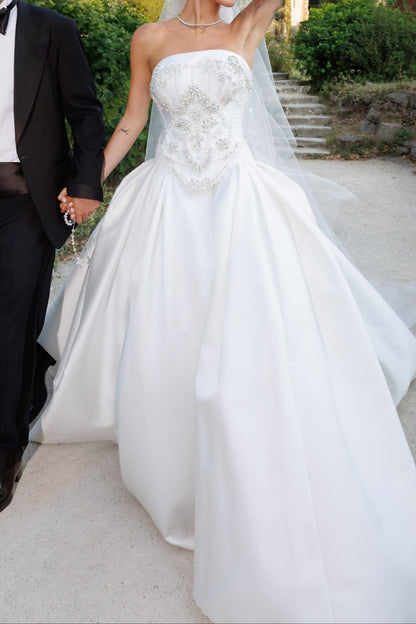 Strapless Beaded Corset Satin Ball Gown Wedding Dress