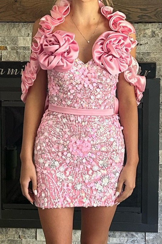 Rosette Halter Mini Dress with Sequins