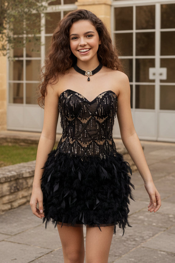 Strapless Sequin Beaded Bodice Mini Dress with Feather Skirt