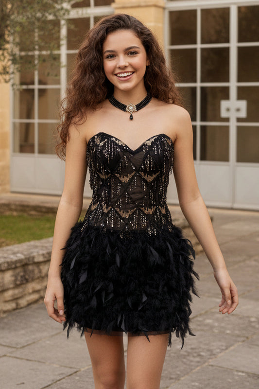 Strapless Sequin Beaded Bodice Mini Dress with Feather Skirt