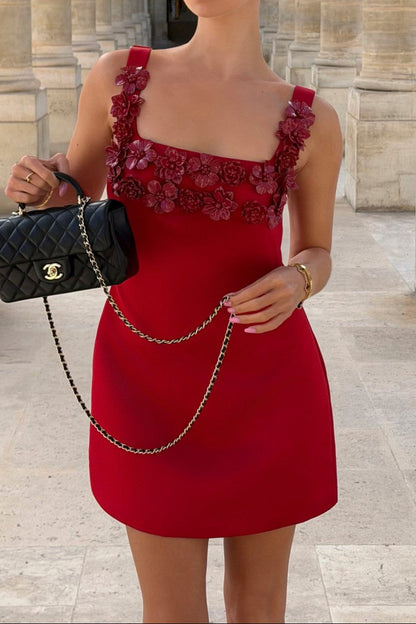 3D Floral Applique Square Neck Mini Dress