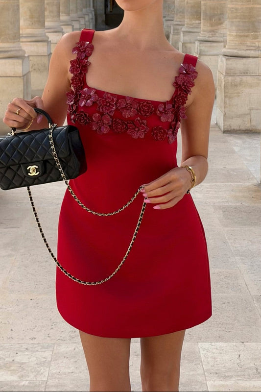 3D Floral Applique Square Neck Mini Dress