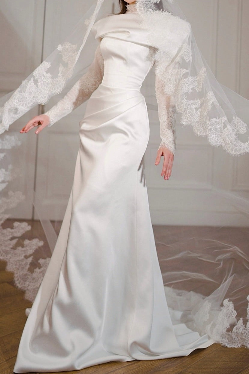 High Neck Satin Trumpet Wedding Dress with Lace Sleeves