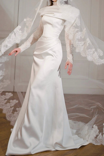 High Neck Satin Trumpet Wedding Dress with Lace Sleeves