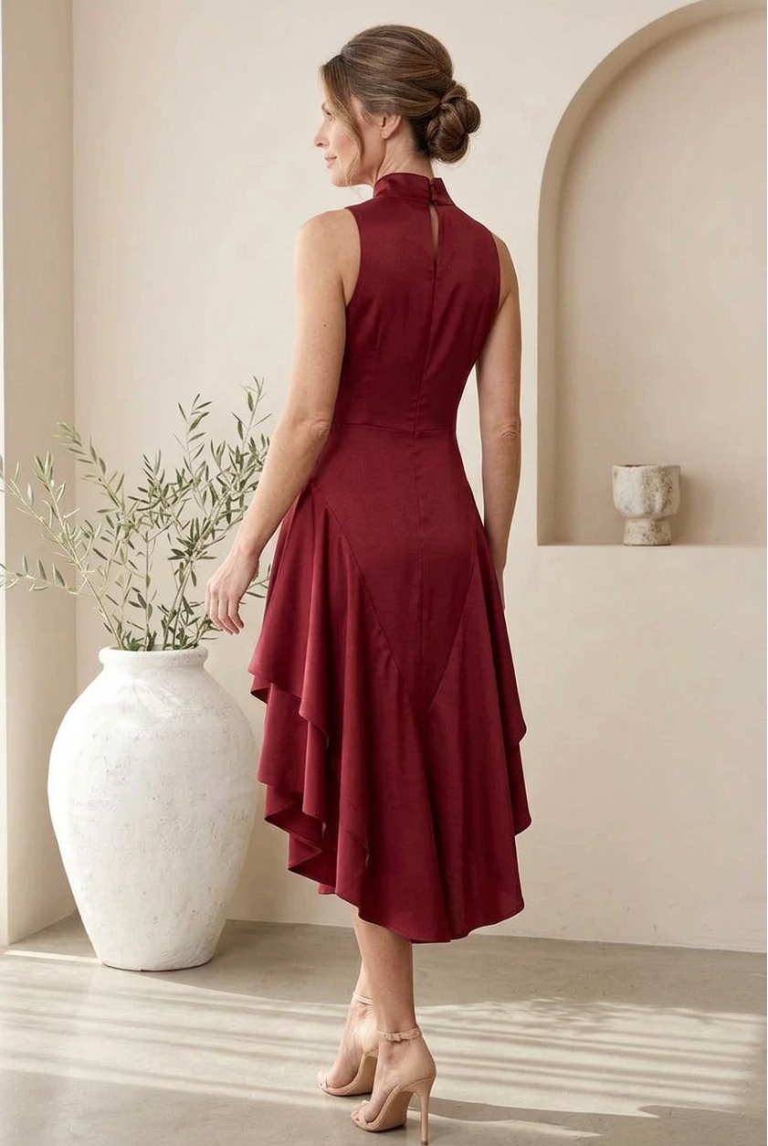 High-Neck Sleeveless Tiered Ruffle Midi Dress