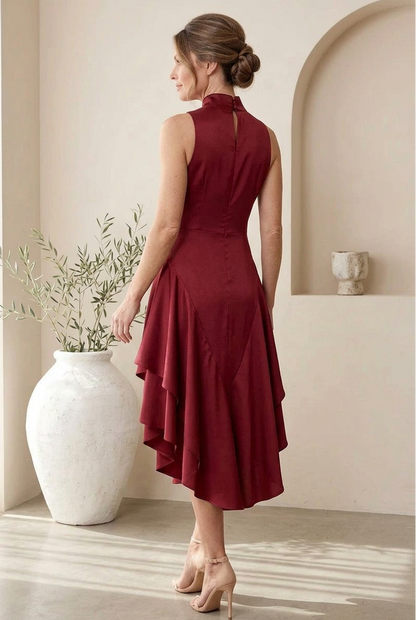 High-Neck Sleeveless Tiered Ruffle Midi Dress