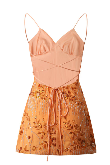 Beaded Floral Slip Dress with Open Tie Back