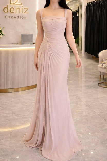 Square Neck Pleated Chiffon Evening Gown