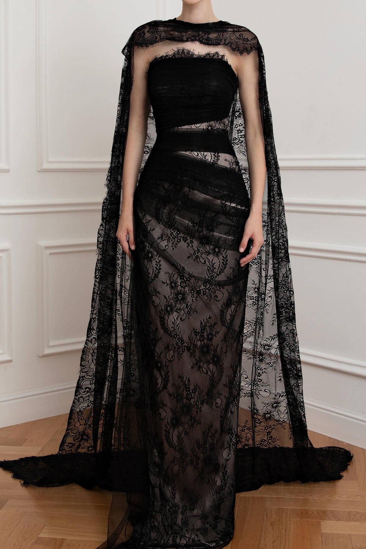 Strapless Lace Evening Gown with Cape