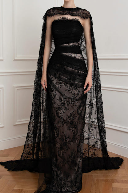 Strapless Lace Evening Gown with Cape