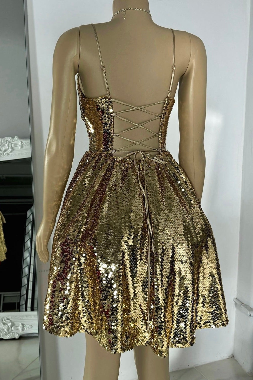 Sequin V-Neck A-Line Dress with Lace-Up Back