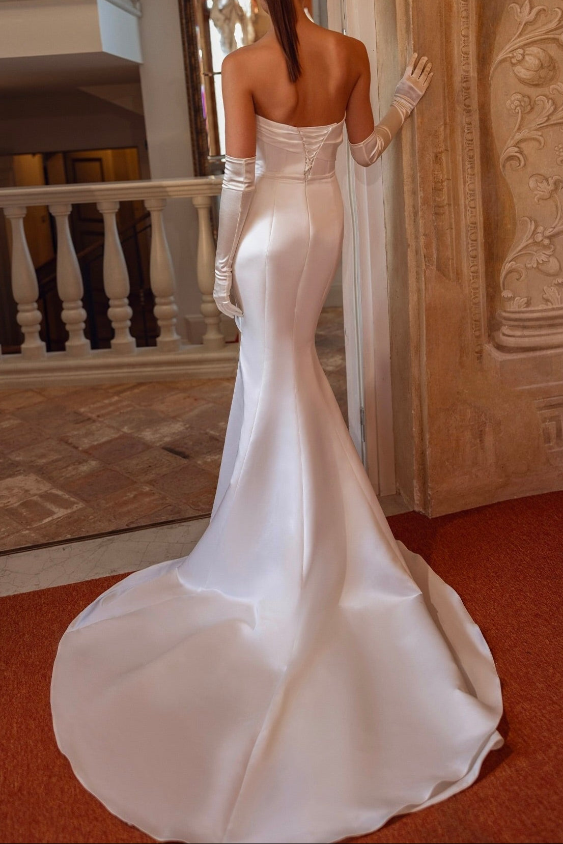 Strapless Pleated Mermaid Satin Wedding Gown