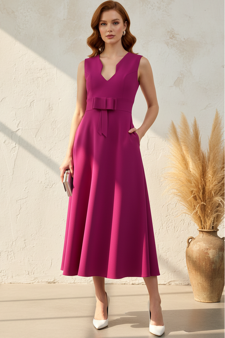 Sleeveless A-Line Midi Dress with Bow and Pockets