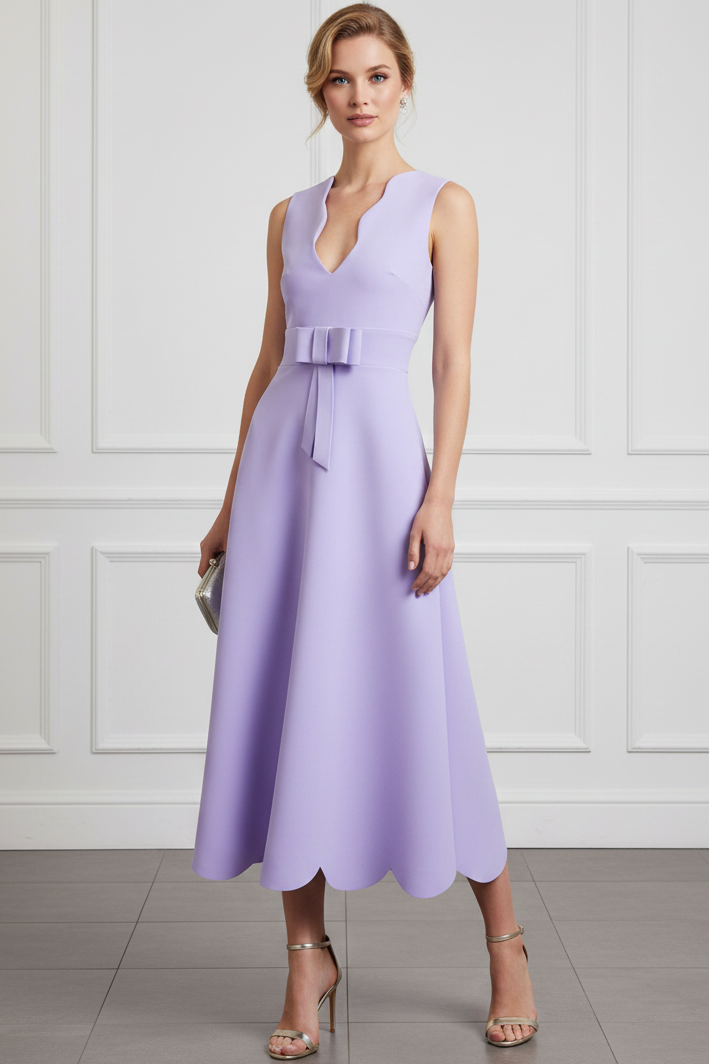 Elegant Scalloped V-Neck Midi Dress with Bow