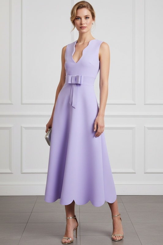 Elegant Scalloped V-Neck Midi Dress with Bow