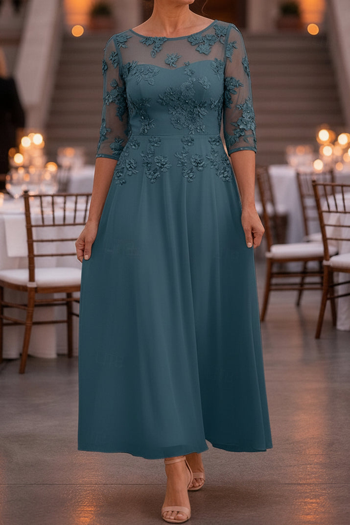 Floral Applique Illusion 3/4 Sleeve Tea-Length Dress