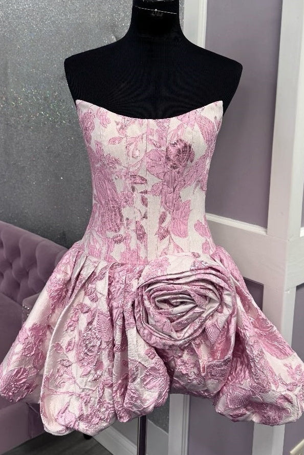 Strapless Jacquard Corset Bubble Dress with 3D Flower