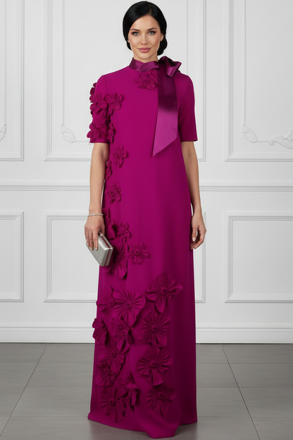 High Neck Column Gown with 3D Flowers and Bow