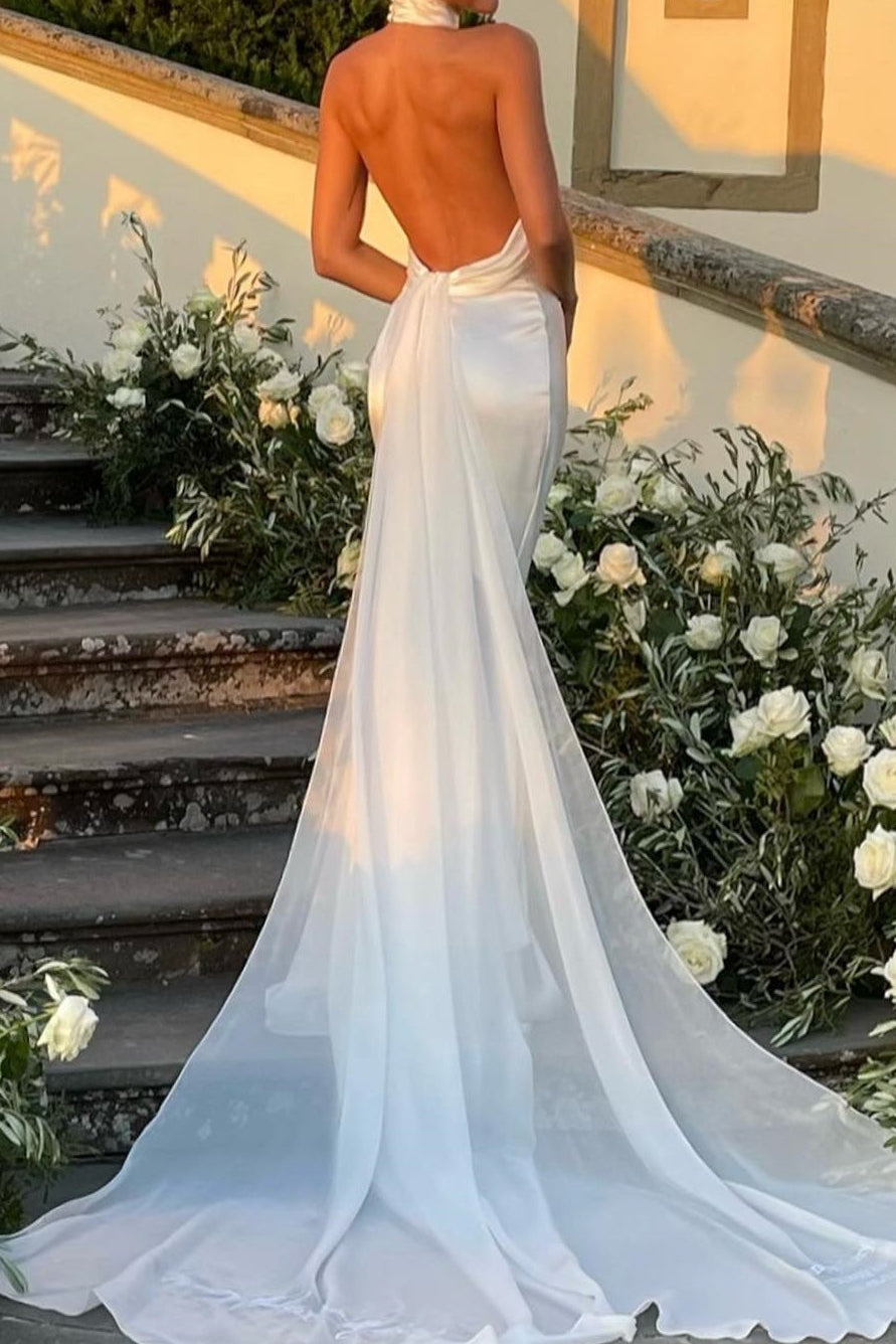 Halter Open Back Satin Wedding Dress with Train