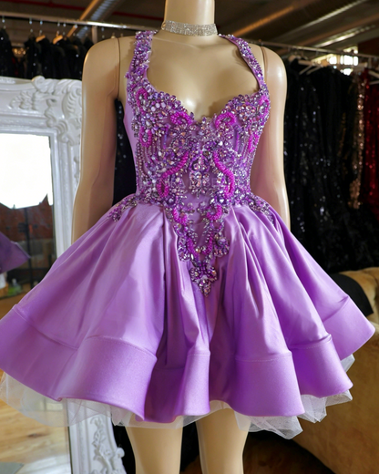 Beaded Halter Neck Fit and Flare Mini Dress