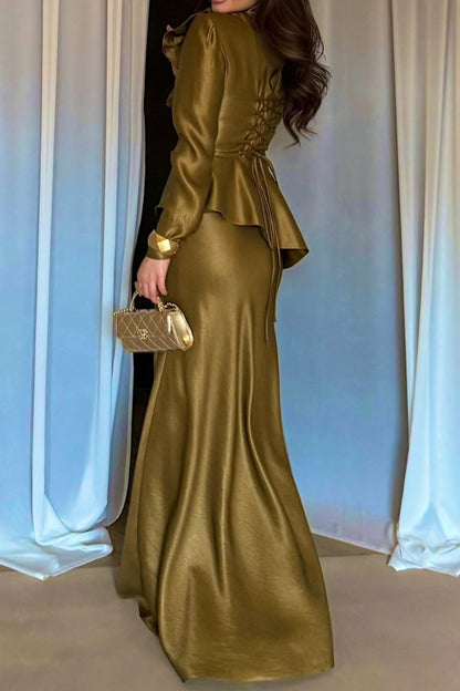 Asymmetrical High Neck Metallic Evening Gown