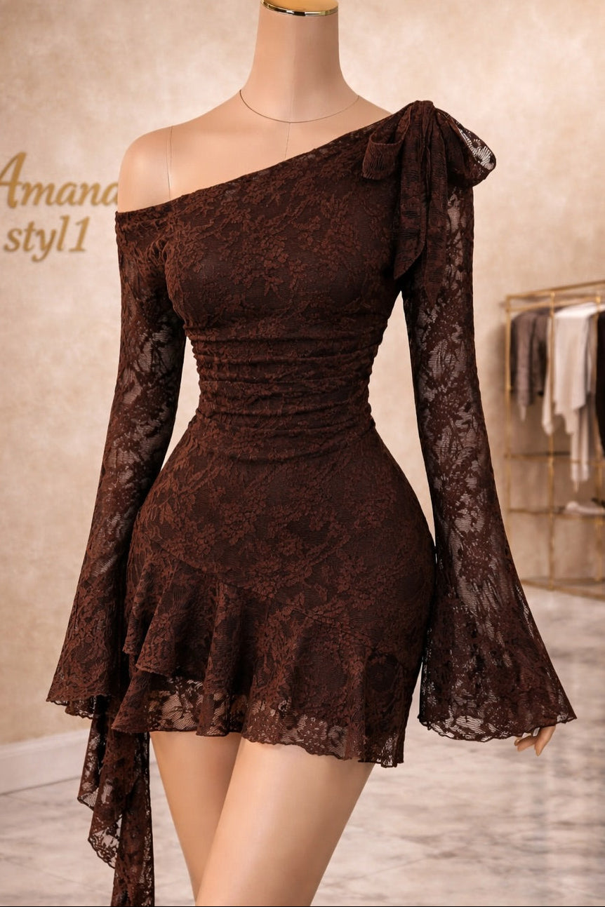 One Shoulder Lace Mini Dress with Bell Sleeve Ruffle Hem