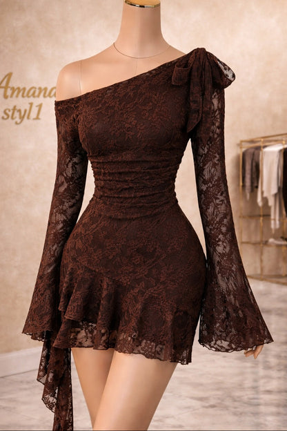 One Shoulder Lace Mini Dress with Bell Sleeve Ruffle Hem