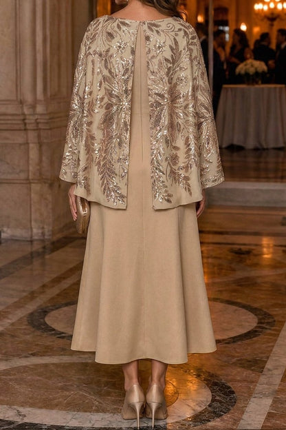 Sequined Cape A-Line Tea-Length Dress