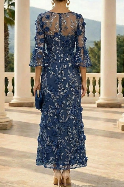 V-Neck Embroidered Lace Sheath Dress with Bell Sleeves