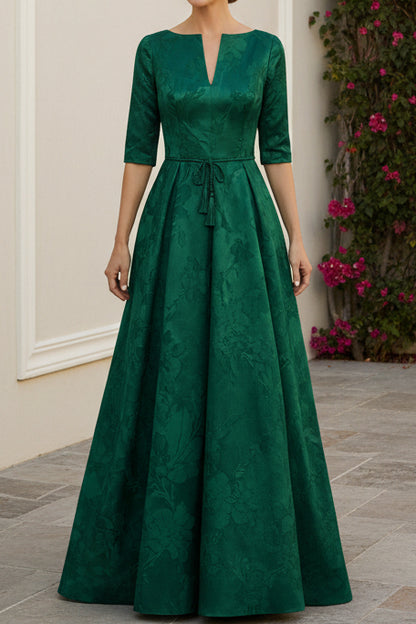 Floral Jacquard A-Line Evening Gown with Tie-Waist Belt